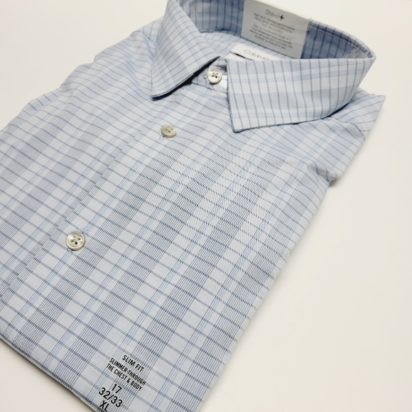 Calvin Klein STEEL+ Slim-Fit Non-Iron Stretch Blue Check Dress Shirt 17 32/33 XL - Picture 9 of 14